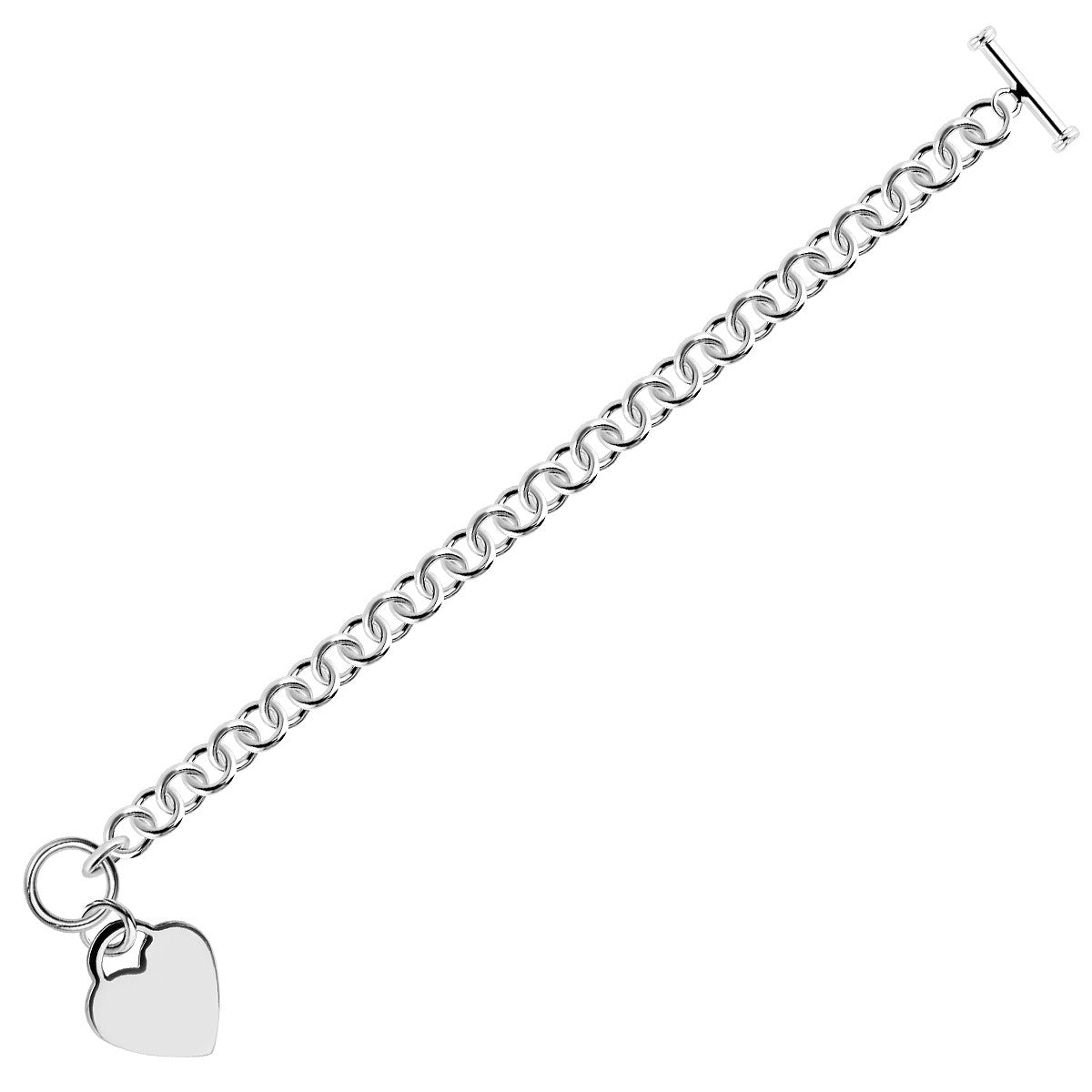 Sterling Silver Rhodium Plated Rolo Style Heart Charmed Chain Bracelet (7.95 mm)