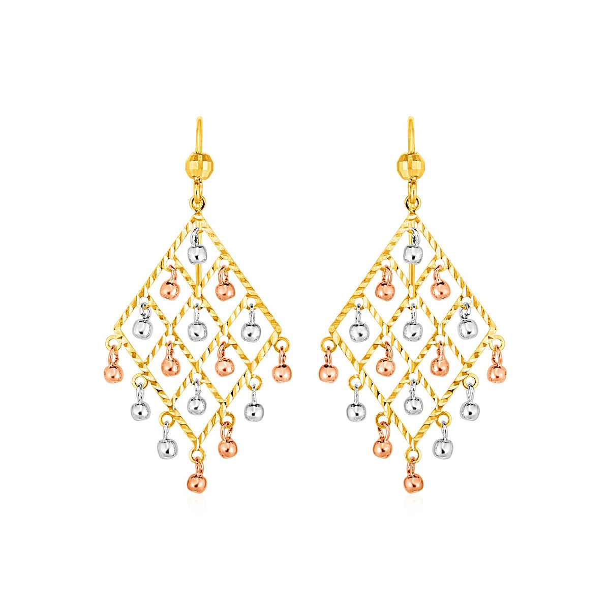 Textured Chandelier Earrings with Ball Drops in 14k Tri Color Gold