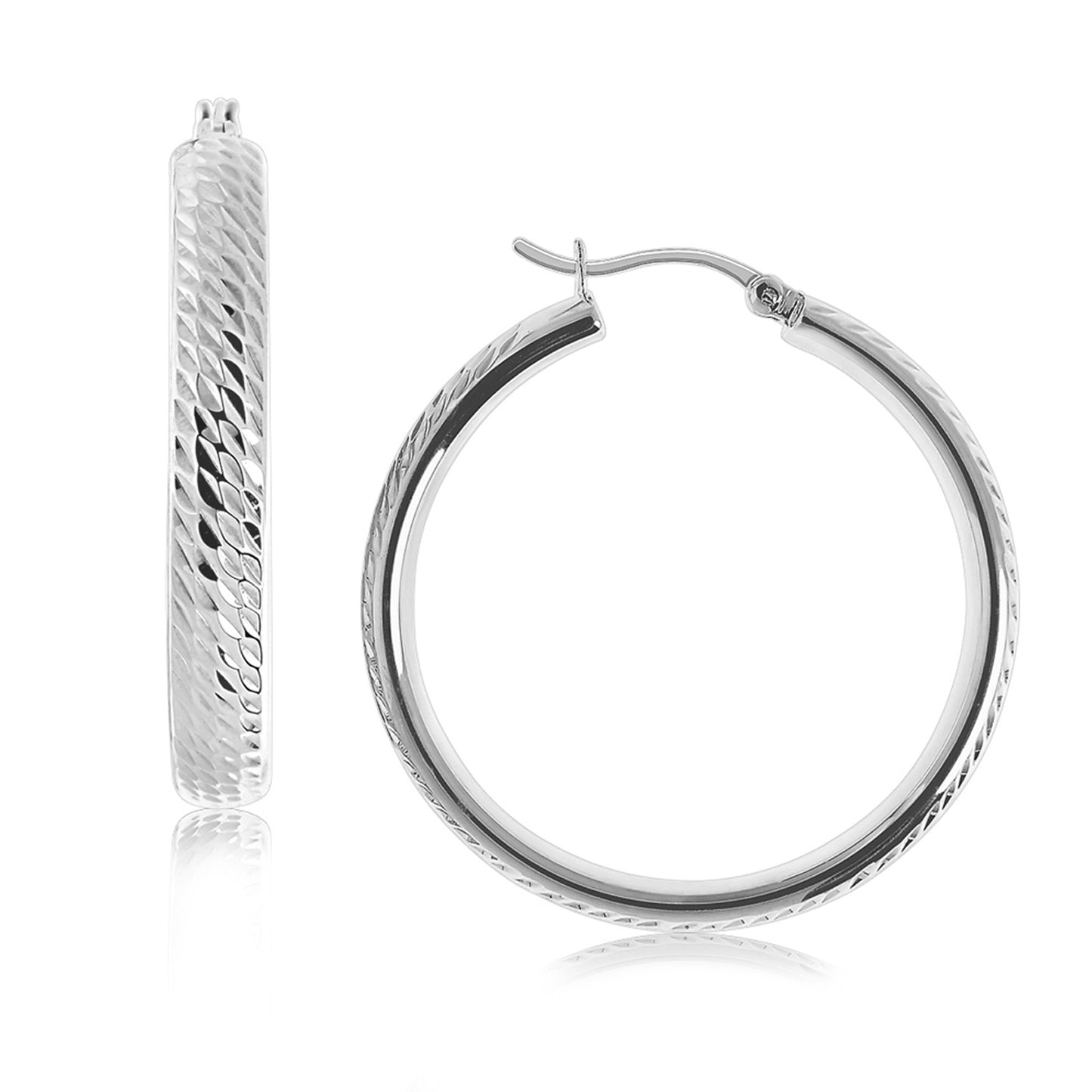 Sterling Silver Rhodium Plated Hoop Marquise Motif Diamond Cut Earrings (3x30mm)