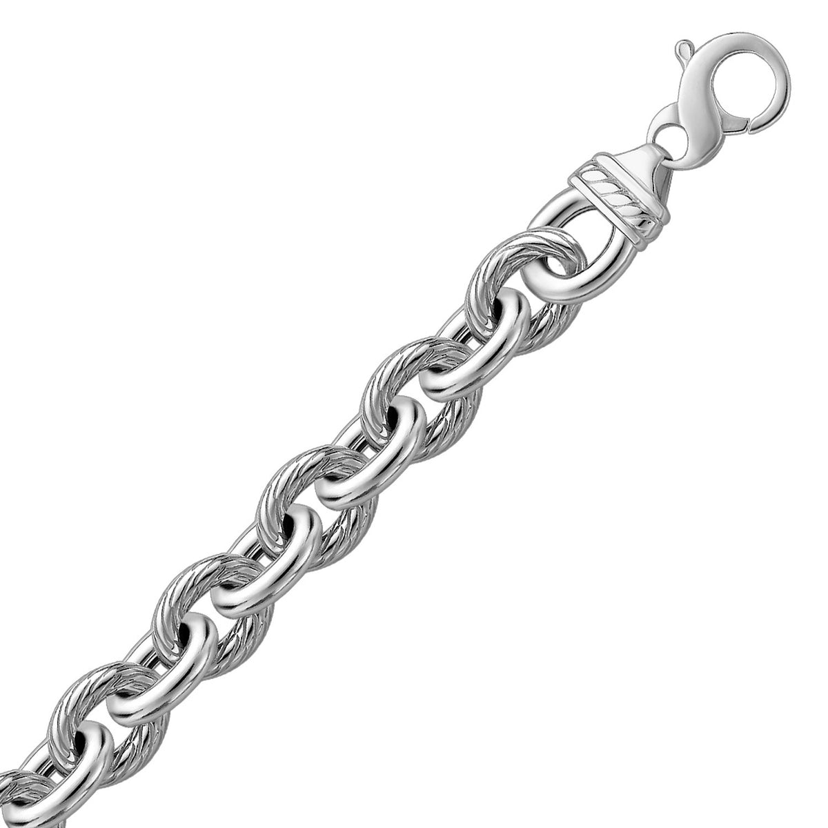 Sterling Silver Rhodium Plated Diamond Cut Cable Style Chain Bracelet  (12.70 mm)
