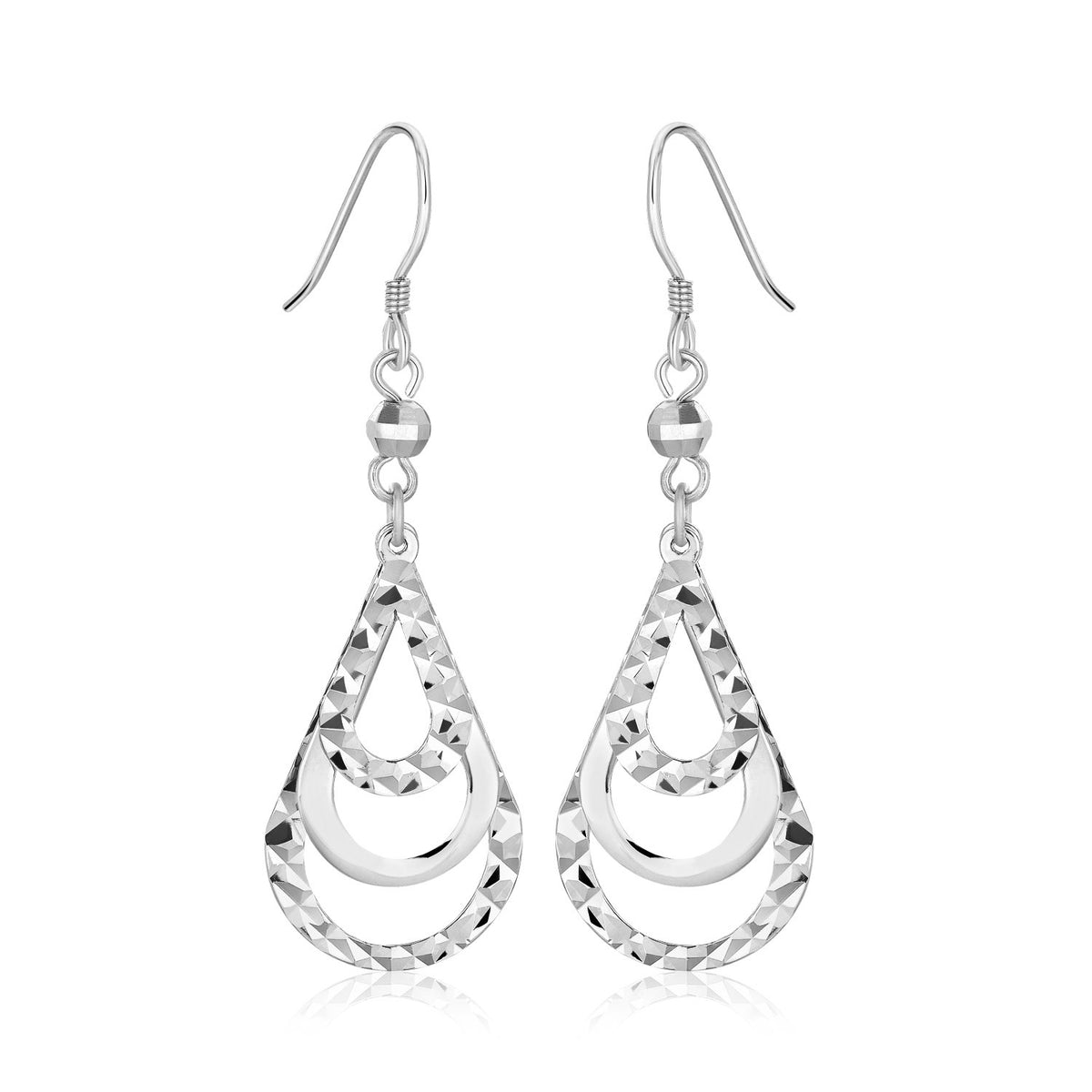 Sterling Silver Textured Graduated Open Teardrop Dangling Style Earrings