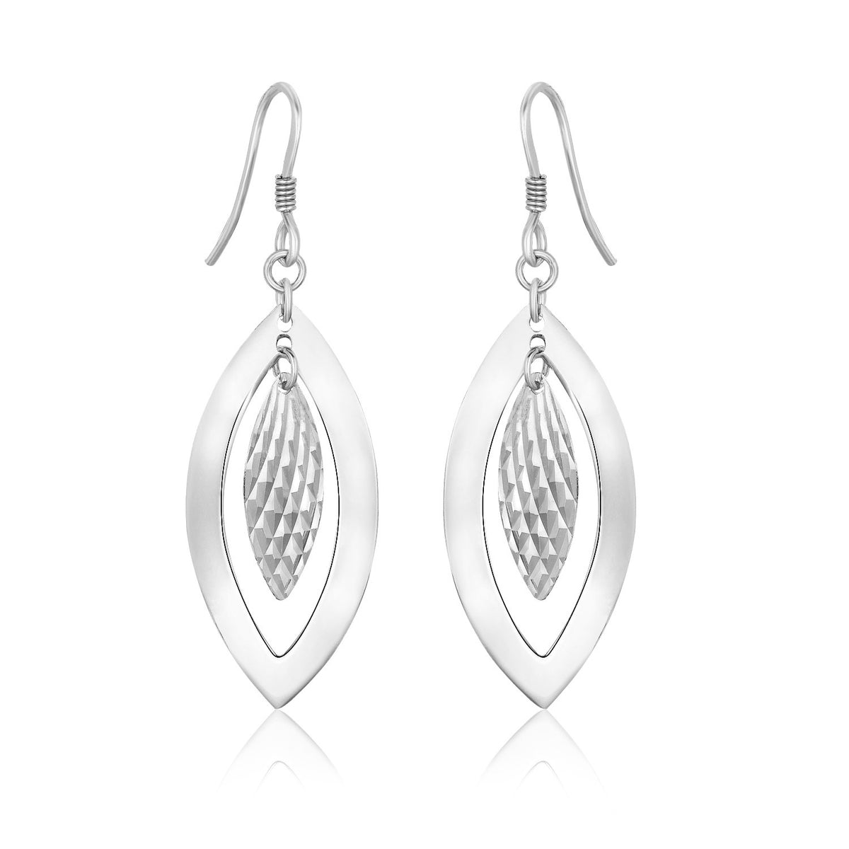 Sterling Silver Dangling Earrings with Dual Open and Textured Marquis Shapes