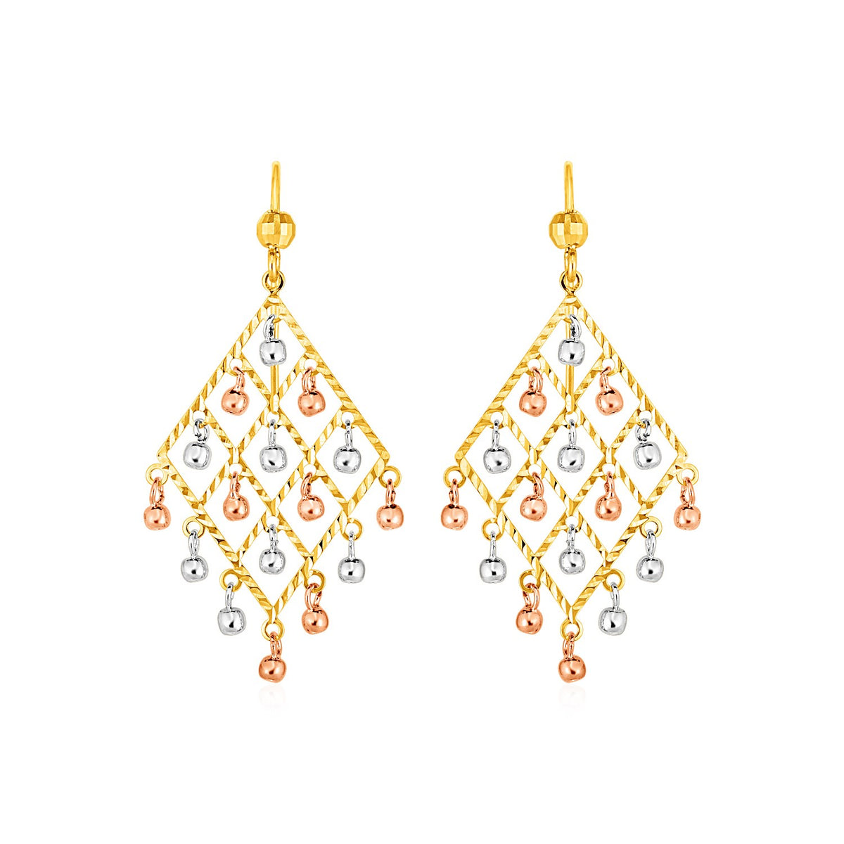 Textured Chandelier Earrings with Ball Drops in 14k Tri Color Gold