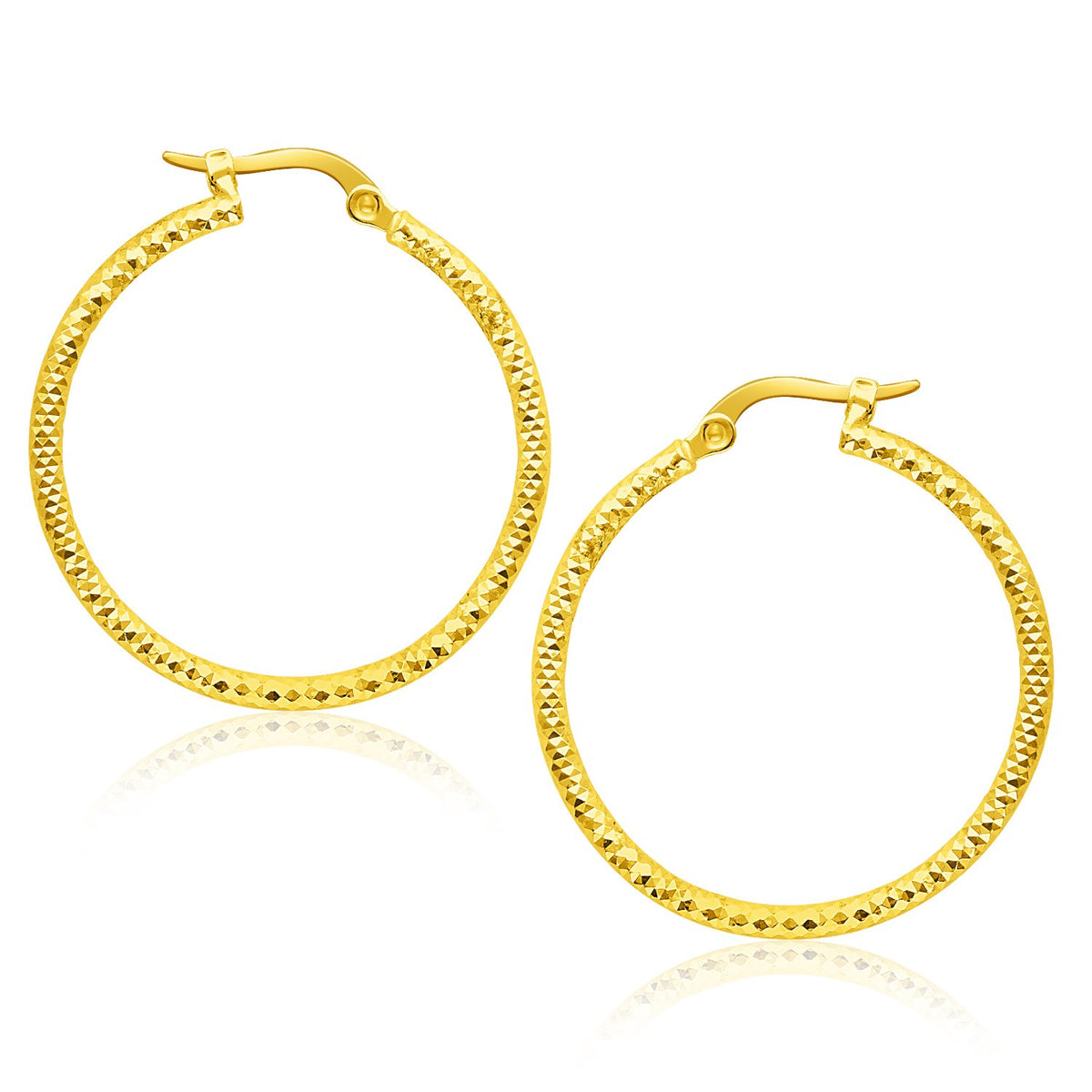 14k Yellow Gold Tube Textured Round Hoop Earrings(1.5x25mm)