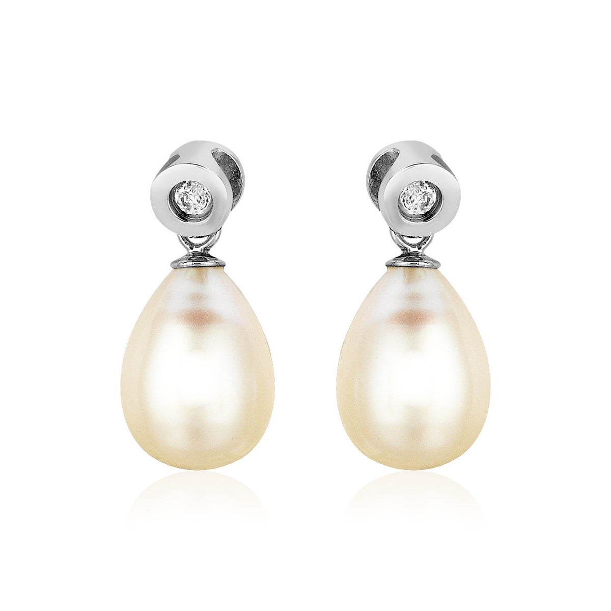 Sterling Silver Earrings with Pear Shaped Freshwater Pearls and Cubic Zirconias