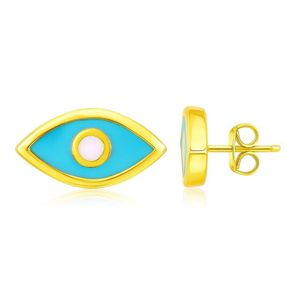 14K Yellow Gold Blue Evil Eye Earrings with Enamel