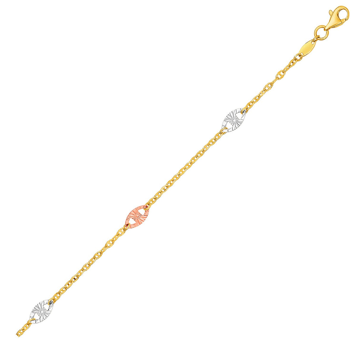 14k Three-Toned Yellow,  White,  and Rose Gold Anklet with Textured Ovals