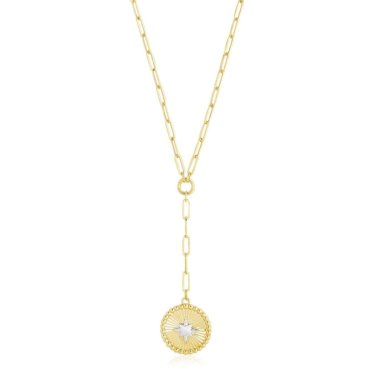 14k Yellow Gold High Polish Star Medallion Two Tone Lariat Necklace