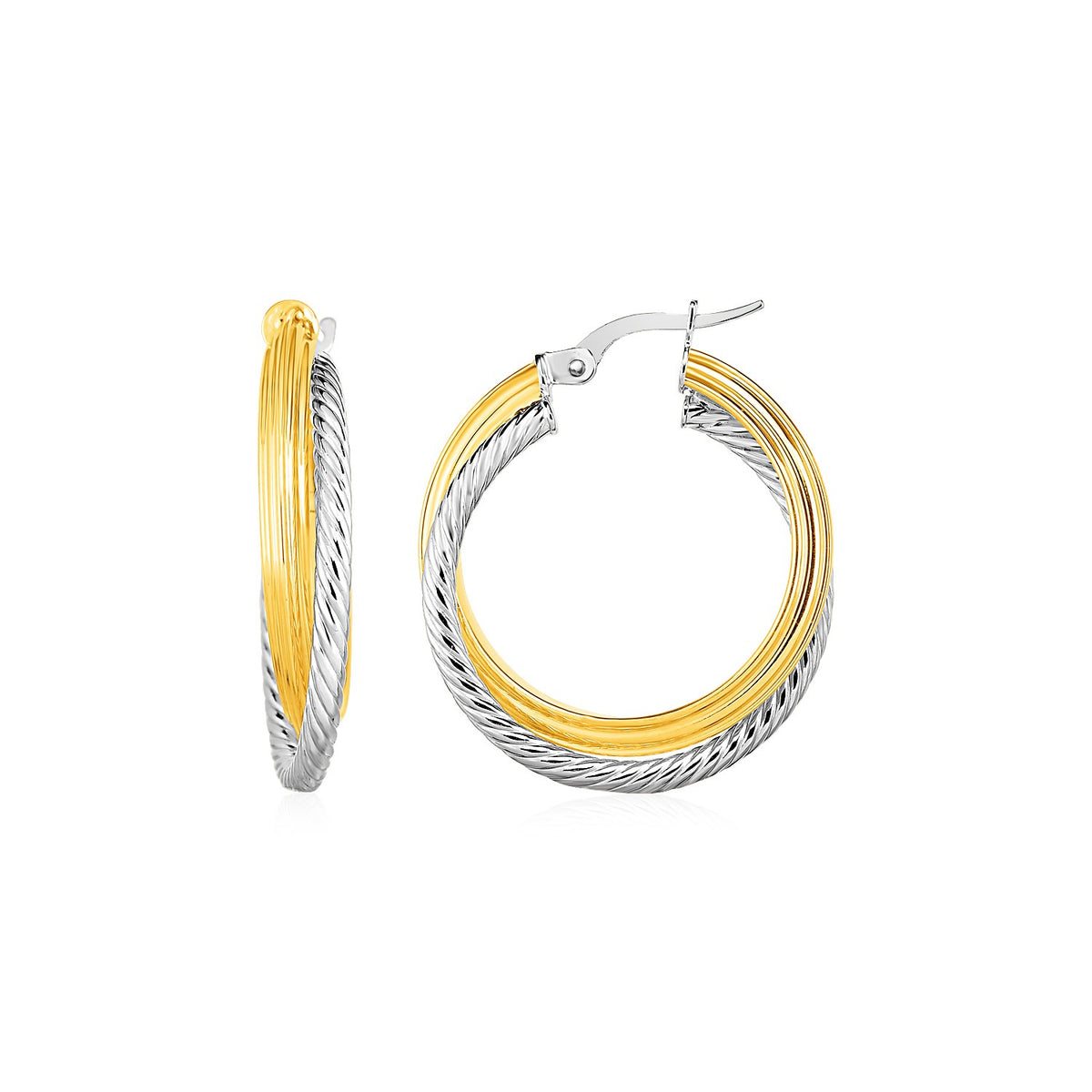 Two Part Textured and Shiny Hoop Earrings in 14k Yellow and White Gold